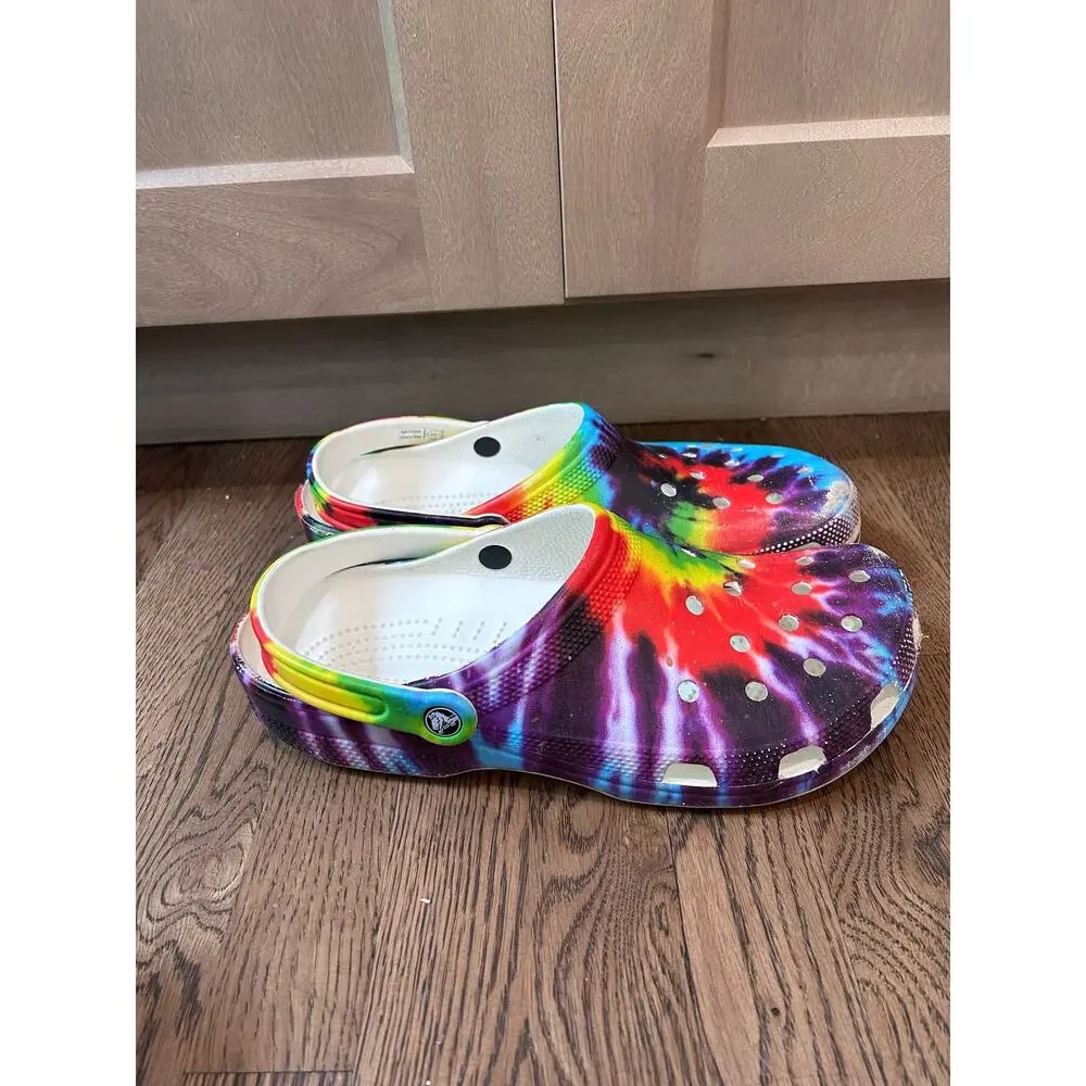 Crocs Classic Tie-Dye Graphic Clogs Rainbow Multi-Color Men's Size 12 Slip On
